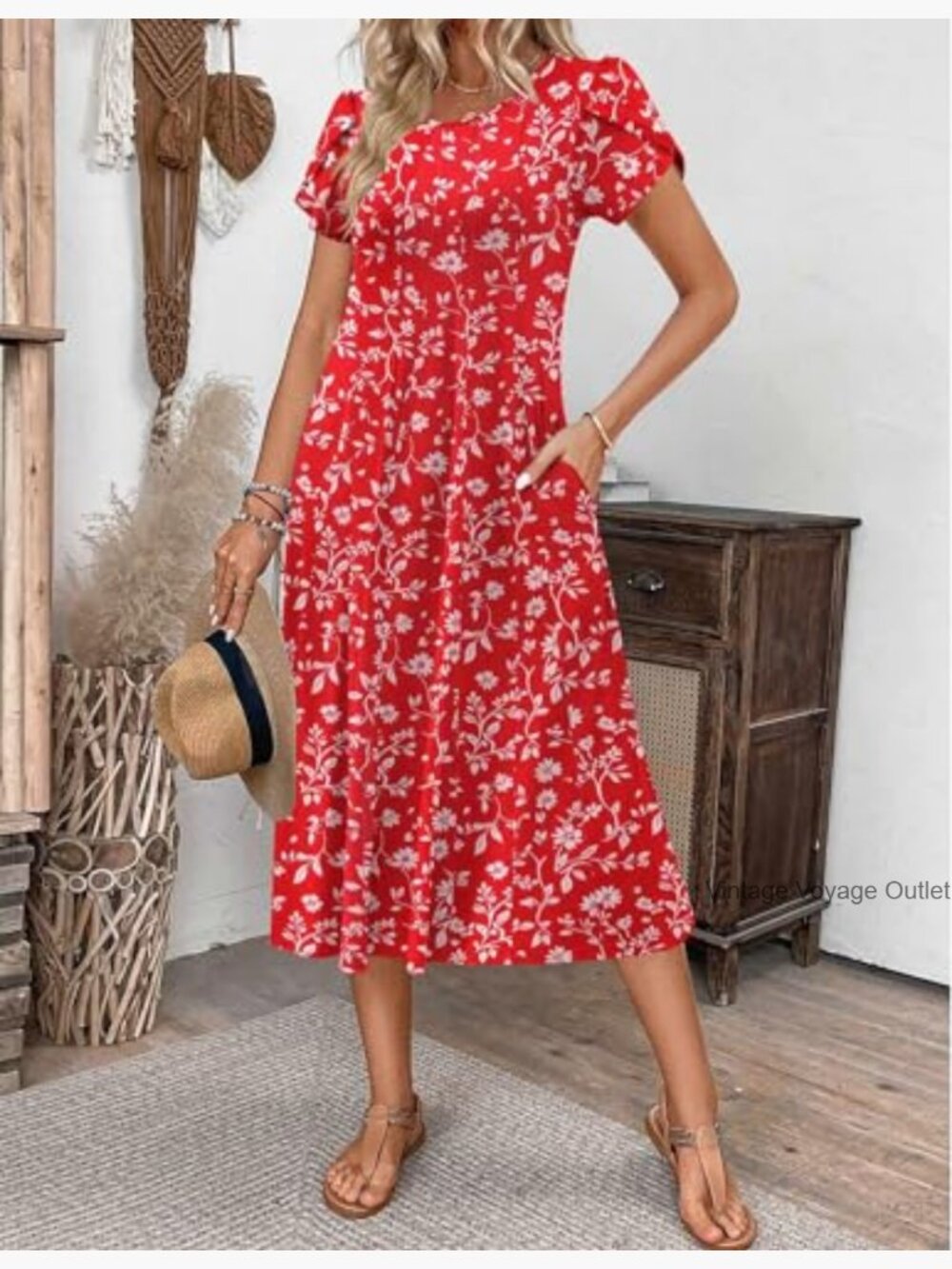 Short Sleeve Flare Midi Dress Loose Flowy Beach Sundress - Picture 2 of 7